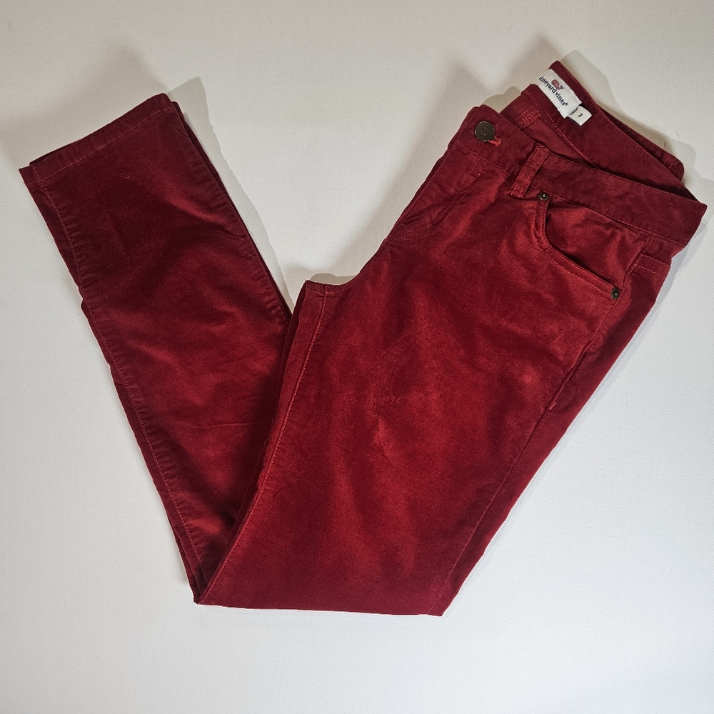 Vineyard Vines Velvet Pants Womens Size 2 Red Skiny Mid Rise Coastal Preppy Wear